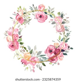 Cute wreath with leaves, watercolor roses, flowers. Vintage Template. wreath, round frame