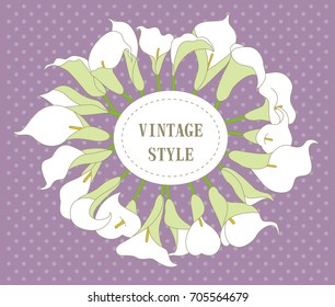 Cute wreath with leaves, white crocus flower, vector illustration in vintage style. Romantic design.