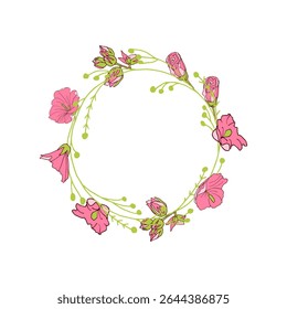 Cute wreath of pink flowers hollyhock. Design for wedding, invitations and greeting cards.