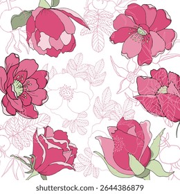 Cute wreath of pink rosehip. Handmade vector rosehip flowers. Design for wedding, invitations and greeting cards.