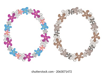 Cute wreath template set. Floral ellipse frame. Hand drawn ink brush stroke, outline flowers, doodle flat cartoon style design. Pink, blue, beige color palette. White background. Vector illustration