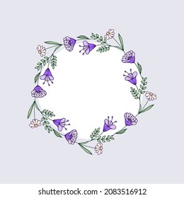 Cute wreath of wildflowers. Handmade vector floral wreath. Design for invitations and greeting cards.