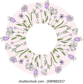 Cute wreath of wildflowers. Handmade vector floral wreath. Design for invitations and greeting cards.