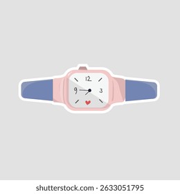 Cute Wristwatch Vector Illustration Sticker. A charming vector illustration sticker of a pink wristwatch with a heart detail, great for time, fashion, or accessory themes