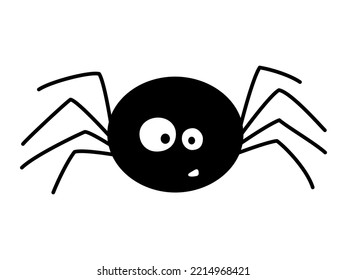 Cute, wry spider in cartoon style on white background. Flat, vector illustration of cockeyed funny character. Halloween monochrome icon.