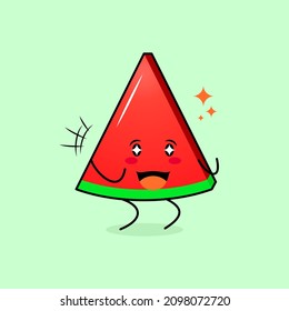 cute wtermelon slice character with smile and happy expression, two hands clenched and sparkling eyes. green and red. suitable for emoticon, logo, mascot and icon