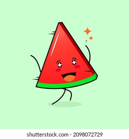 cute wtermelon slice character with smile and happy expression, run, two hands up and sparkling eyes. green and red. suitable for emoticon, logo, mascot and icon