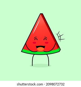 cute wtermelon slice character with smile and happy expression, close eyes and mouth open. green and red. suitable for emoticon, logo, mascot and icon