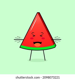 cute wtermelon slice character with smile and happy expression, close eyes, mouth open and both hands shaking. green and red. suitable for emoticon, logo, mascot and icon