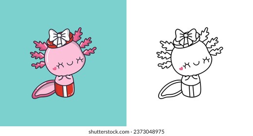 Cute Xmas Axolotl Clipart for Coloring Page and Illustration. Happy Clip Art Christmas Amphibian. Cute Vector Illustration of a Kawaii Marine Animal for New Year Stickers. 