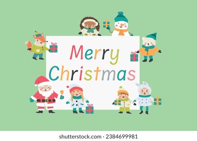 Cute xmas background with cartoon characters