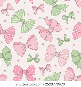 Cute Xmas bows vector seamless pattern. Coquette Christmas background.