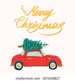 Cute xmas car with tree on top. Vector flat illustration with lettering Merry Christmas. Perfect for greeting card, poster, decoration, sublimation printing, web design, logo, banner, announcement