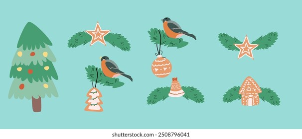 Cute xmas decorations gifts and gingerbread cookies banner. Festive decoration elements set for winter holidays design. Cute xmas cartoon flat illustration set.