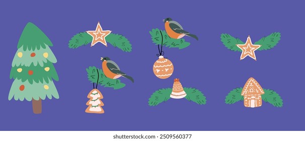 Cute xmas decorations gifts and gingerbread cookies banner. Festive decoration elements set for winter holidays design. Cute xmas cartoon flat illustration set.