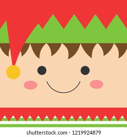 Cute xmas elf square head vector illustration icon. Christmas north pole santa's helper, simple dwarf face with eyes, mouth, cheeks, jingle bell hat and sweather.