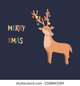Cute xmas greeting card with deer and ornate bauble and festive decorations. Hand drawn vector illustration. Flat design. Merry xmas postcard or banner cartoon flat illustration.