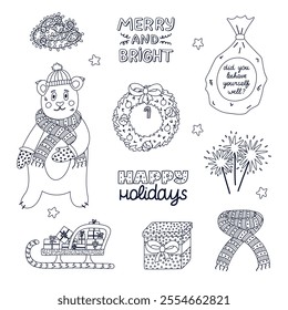 Cute Xmas and New Year line doodle set. Hand drawn collection of bear in winter clothes, Christmas fir wreath, pack with presents, firework. Childish yuletide decorations isolated on background