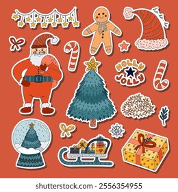 Cute Xmas and New Year sticker set with merry colourful doodle for planners, notebooks. Ready for print list of kids stickers with Christmas tree in globe, Santa Claus, garland, sleigh with presents.