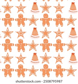 Cute xmas pattern with gingerbread in festive elements shapes. Cute celebration design. Traditional New Year pattern with cookie.