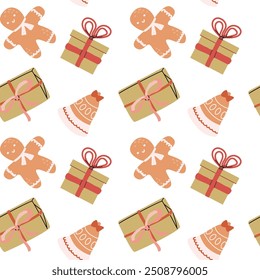 Cute xmas pattern with gingerbread in festive elements shapes. Cute celebration design. Traditional New Year pattern with cookie.