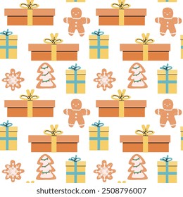 Xmas bonito padrão com gengibre em formas de elementos festivos. Design de celebração bonito. Padrão tradicional de Ano Novo com biscoito.