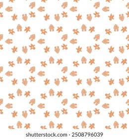 Cute xmas pattern with gingerbread in festive elements shapes. Cute celebration design. Traditional New Year pattern with cookie.