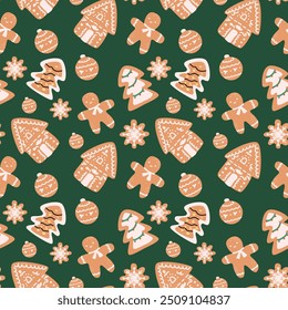 Cute xmas pattern with gingerbread in festive elements shapes. Cute celebration design. Traditional New Year pattern with cookie.