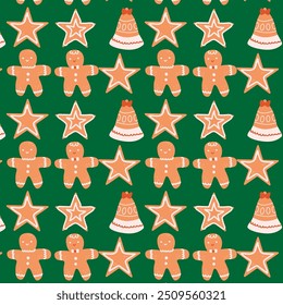 Cute xmas pattern with gingerbread in festive elements shapes. Cute celebration design. Traditional New Year pattern with cookie.