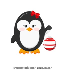 Cute xmas penguin girl holding christmas ball isolated on white background. Winter baby penguin bird with red bow holds christmas ball. Flat design holiday character vector illustration. 