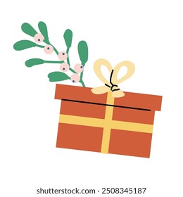 Cute xmas present box in festive wrapping paper with ribbon and bow. Christmas gift vector illustration for Happy Holidays concept. Craft Present box with candy cane and mistletoe, gingerbread man.
