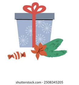 Cute xmas present box in festive wrapping paper with ribbon and bow. Christmas gift vector illustration for Happy Holidays concept. Craft Present box with candy cane and mistletoe, gingerbread man.