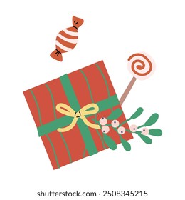 Cute xmas present box in festive wrapping paper with ribbon and bow. Christmas gift vector illustration for Happy Holidays concept. Craft Present box with candy cane and mistletoe, gingerbread man.