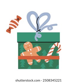 Cute xmas present box in festive wrapping paper with ribbon and bow. Christmas gift vector illustration for Happy Holidays concept. Craft Present box with candy cane and mistletoe, gingerbread man.