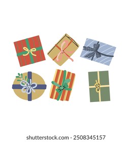 Cute xmas present box set in festive craft wrapping paper with ribbon and bow. Top above view. Christmas gift vector illustration for Happy Holidays concept. Craft Present box and mistletoe