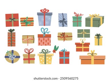 Cute xmas present box set in festive craft wrapping paper with ribbon and bow. side view. Christmas gift vector illustration for Happy Holidays concept. Craft Present box and mistletoe