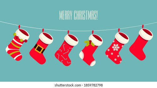 Cute Xmas red and white socks or stocking hanging on a rope. Christmas and New year celebration banner. Traditional decorations for gifts with pattern. Vector cartoon Illustration.