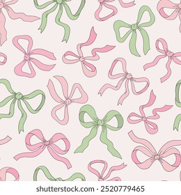 Cute Xmas ribbon bows vector seamless pattern. Coquette Christmas background.