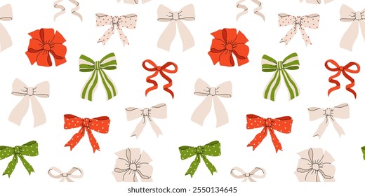 Cute Xmas ribbon bows vector seamless pattern. Coquette Christmas background.