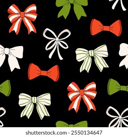 Cute Xmas ribbon bows vector seamless pattern. Coquette Christmas background.