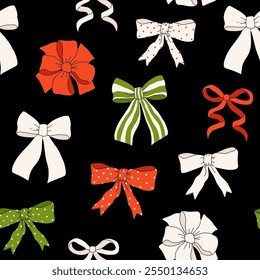 Cute Xmas ribbon bows vector seamless pattern. Coquette Christmas background.