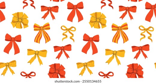 Cute Xmas ribbon bows vector seamless pattern. Coquette Christmas background.