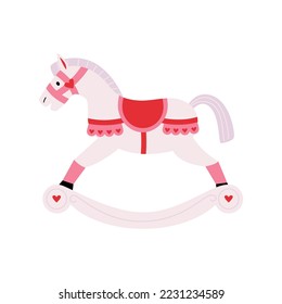 Cute xmas rocking white horse with pink ruffle with hearts. Wooden swinging horse toy. Kids First Toys for newborn babies. Cowboy toy with wheels. Merry Christmas and New Year. Flat vector.