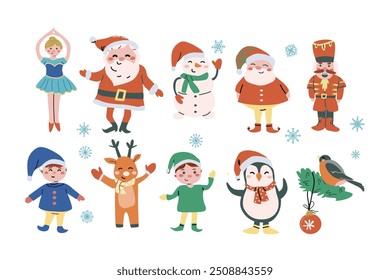 Cute xmas santa, deer, snowman, penguin and other fairy characters set. Traditional New Year stickers persons and animals collection