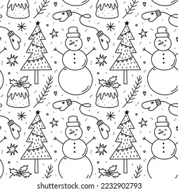 Cute xmas seamless pattern with fir trees and branches, snowman, Christmas pudding, warm mittens, snowflakes, stars. Vector hand-drawn doodle illustration. Perfect for wrapping paper, decorations.