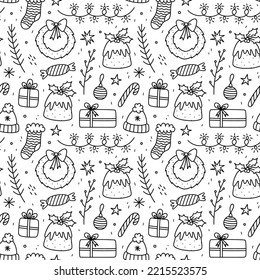 Cute xmas nahtloses Muster mit Geschenken, festlichen Garnelen, Bauern, Kränzen, Weihnachtspudding, Tannenbranden und Sternen. Vektorhandgezeichnete doodle-Illustration. Perfekt für Verpackungspapier, Verpackungen, Dekoration