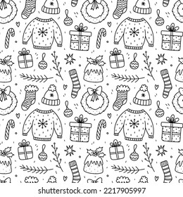 Cute xmas seamless pattern with gifts, baubles, wreaths, Christmas pudding, fir branches, socks, ugly sweaters, stars. Vector hand-drawn doodle illustration. Perfect for wrapping paper,packaging,decor