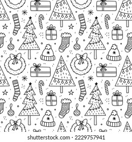 Cute xmas seamless pattern with gifts, baubles, Christmas tree and wreaths, stockings, candy cane, snowflakes. Vector hand-drawn doodle illustration. Perfect for wrapping paper, decorations, wallpaper