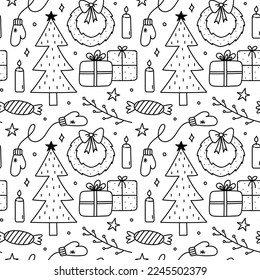 Cute xmas seamless pattern with gifts, warm mittens, Christmas tree and wreaths, candles, candy and stars. Vector hand-drawn doodle illustration. Perfect for wrapping paper, decorations, wallpaper.