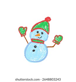 Bonito boneco de neve Xmas rabiscar com mitenes e chapéu em estilo de cera pastel, desenhado por uma criança. Vetor para escola, jardim de infância ou arte de quadro-negro. Perfeito para crianças como desenhos de Natal e Ano Novo rabiscar.